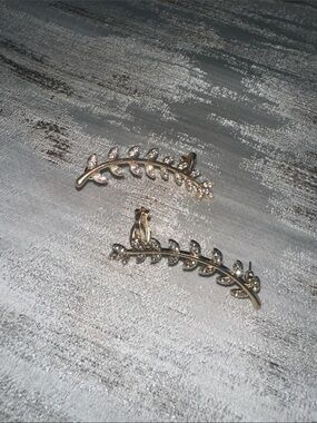 Leaf Vine Ear Climbers with Rhinestones - Gold Tone